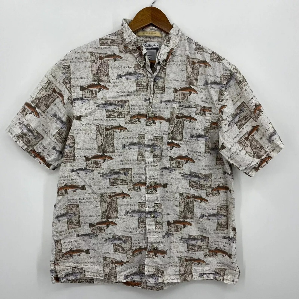 Columbia PFG Short Sleeve Button Shirt Men's Size M Brown River Lodge Fish Print